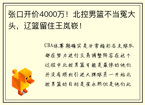 张口开价4000万！北控男篮不当冤大头，辽篮留住王岚嵚！